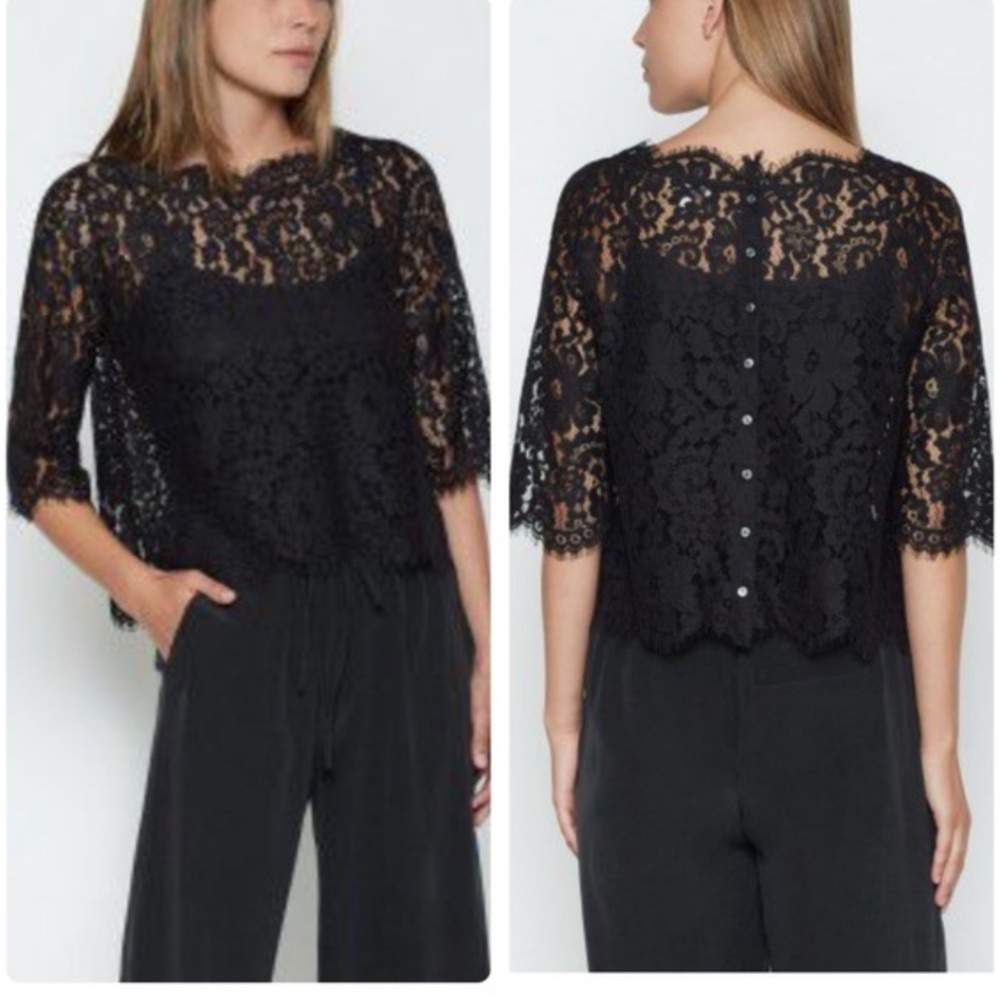 JOIE EUC Black Cropped Eyelash Hem Lace Elvia C Top Blouse S